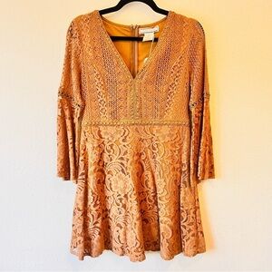 Flying Tomato Lace Bohemian Mustard Gold Mini Dress M